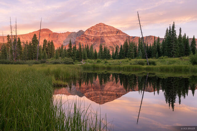Hesperus Mountain reflects in a small pond at sunset - July.