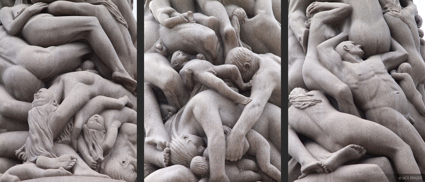 Closeups of a huge tower of humanity at Vigeland in Oslo, Norway