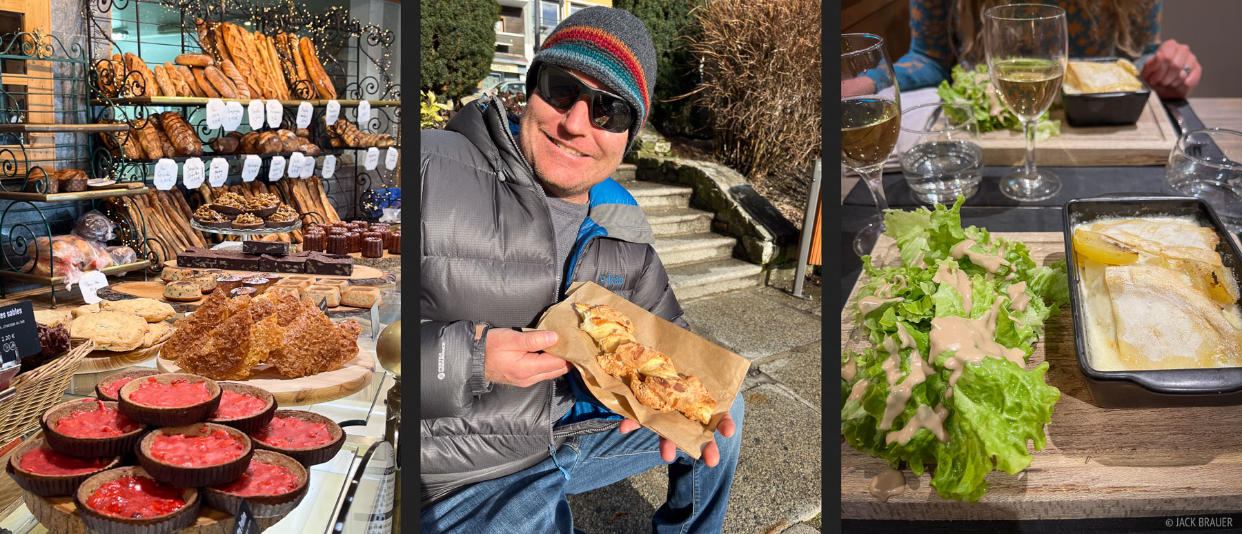 A French bakery, puff pastry bakery item, and a tartiflette with salad