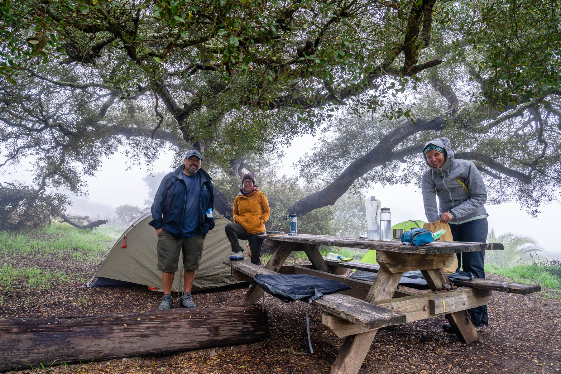 Larry, Ginny, and Claudia at our campsite in the fog at the Black Jack campground near the top of Catalina Island.