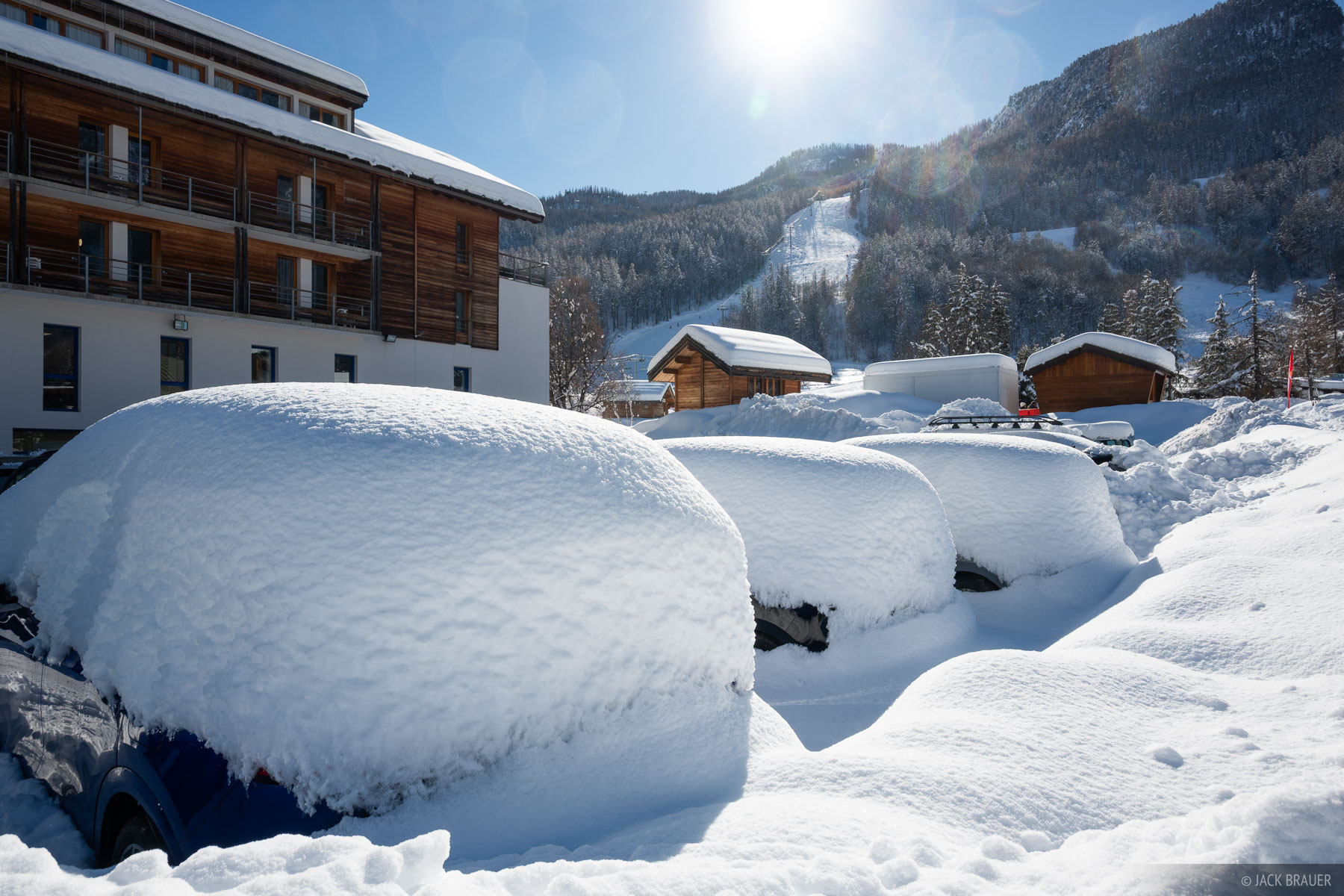 Snow-smothered parking lot at Serre Chevalier, France.