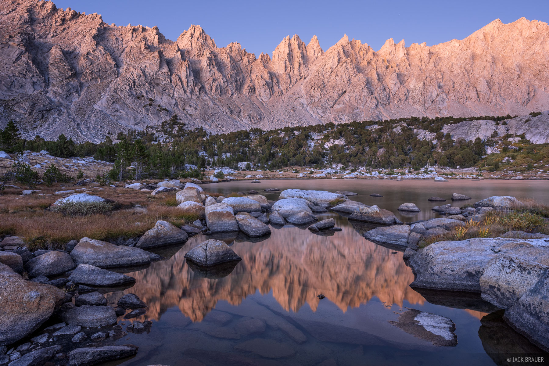 Crags Dusk Reflection Center Basin Crags glow in the dusk light in September.